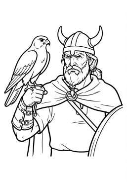 Voir le coloriage Faucon majestueux posé sur le gantelet en cuir d'un chef viking au regard perçant