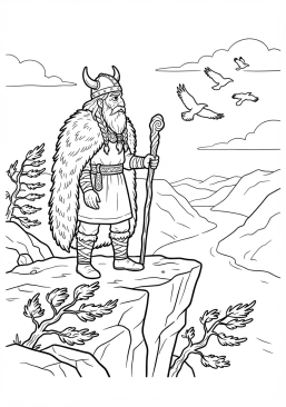 Voir le coloriage Vieux sage borgne coiffé d'une cape en fourrure observant les corbeaux depuis une falaise