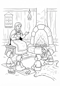 Voir le coloriage Vieille femme viking racontant des sagas légendaires aux enfants assemblés près de l'âtre