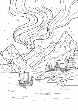 Voir le coloriage Montagnes enneigées et fjords profonds sous les lueurs dansantes d'une aurore boréale
