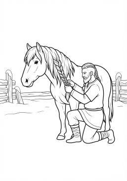 Voir le coloriage Viking tressant la crinière de son cheval robuste dans l'enclos enneigé du village