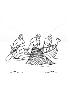 Voir le coloriage Pêcheurs vikings relevant leurs filets lourds de poissons dans un fjord brumeux