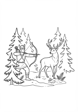 Voir le coloriage Chasseur viking armé d'un arc traquant un cerf majestueux dans une forêt de conifères