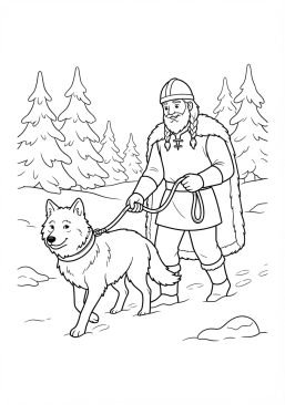 Voir le coloriage Viking portant un loup apprivoisé en laisse à travers les bois enneigés