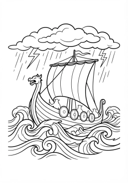 Voir le coloriage Drakkar viking fendant les vagues sombres d'une mer du Nord agitée sous un ciel d'orage