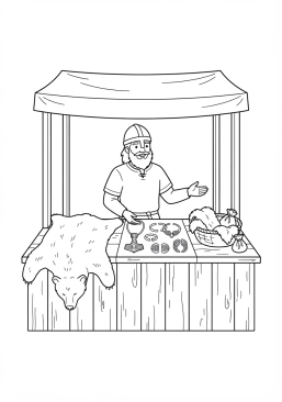 Voir le coloriage Marchand viking présentant des fourrures d'ours et des bijoux en argent sur un étal en bois