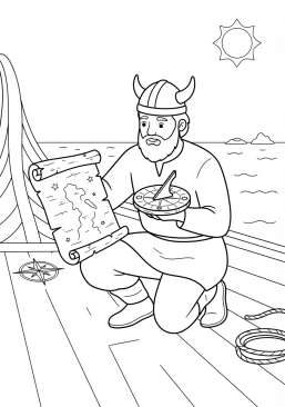 Voir le coloriage Navigateur viking consultant une carte gravée sur écorce et une boussole solaire rudimentaire
