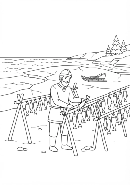 Voir le coloriage Viking préparant du poisson séché sur des racks en bois face à la mer gelée