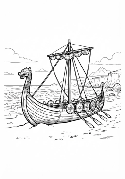 Voir le coloriage Bateau viking échoué sur une plage de sable noir battue par les embruns
