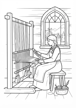 Voir le coloriage Tisserande viking installée près de la fenêtre travaillant sur un métier à tisser vertical