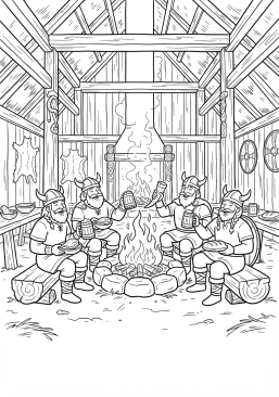 Voir le coloriage Intérieur chaleureux d'une grande halle en bois où des guerriers festoient autour d'un feu central