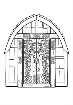 Voir le coloriage Porte en bois sculptée de têtes de dragons menaçantes à l'entrée d'une maison longue