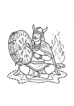 Voir le coloriage Tambour en bois tendu de peau battu par un chamane lors d'un rituel nocturne