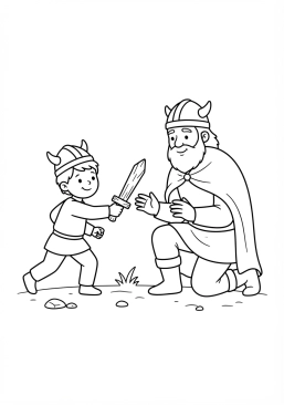 Voir le coloriage Jeune garçon viking maniant une petite épée en bois sous le regard bienveillant de son père
