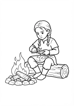 Voir le coloriage Jeune enfant viking sculptant un petit morceau de bois avec un couteau près du feu