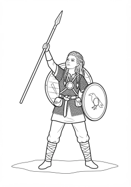Voir le coloriage Jeune bouclière viking aux nattes tressées dressant sa lance vers le ciel avant la bataille