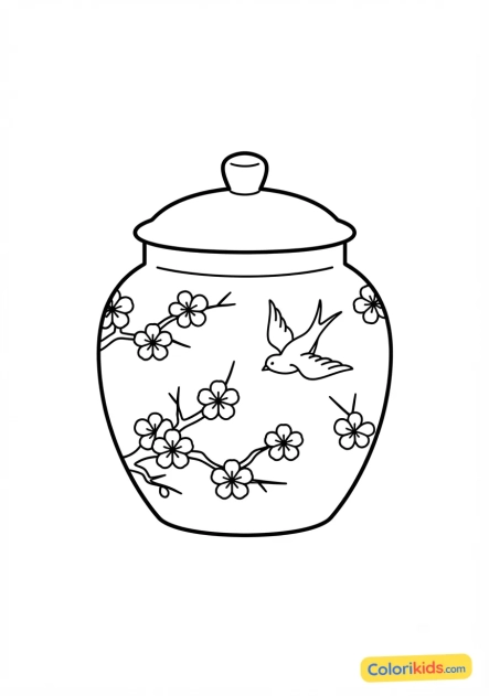 Dibujo para colorear para imprimir: caja de té asiática de porcelana