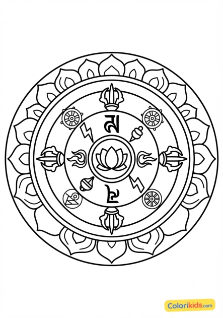 Desenho para colorir para imprimir: círculo de mandala tibetano colorido