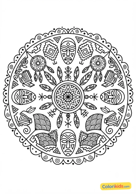 Ausmalbild zum Ausdrucken: buntes Kaleidoskop im ethnischen Stil