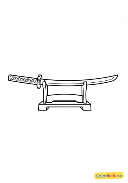 Ausmalbild zum Ausdrucken: japanisches Katana-Schwert auf Ständer