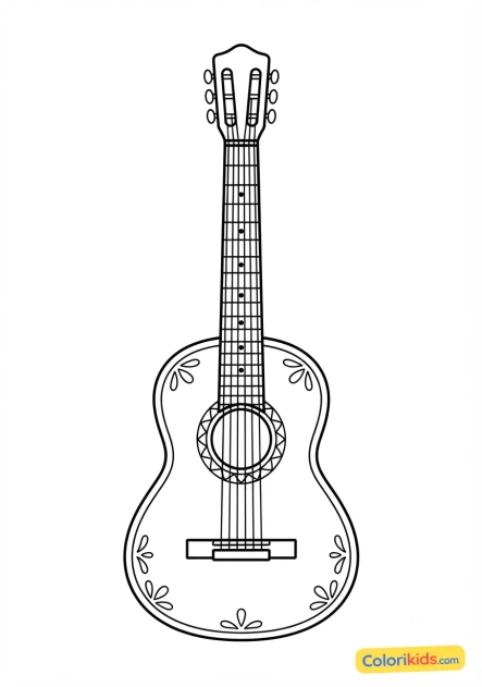 Ausmalbild zum Ausdrucken: mexikanische Mariachi-Akustikgitarre