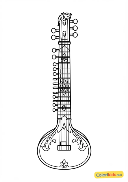 Dibujo para colorear para imprimir: sitar indio de cuerda tradicional