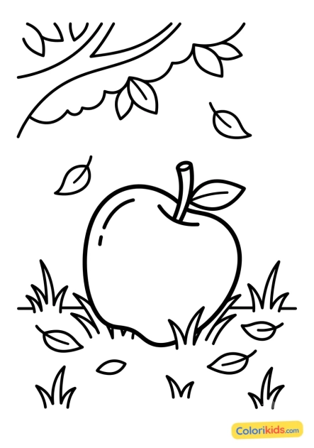 Ausmalbild zum Ausdrucken: vom Baum gefallener Apfel im Gras