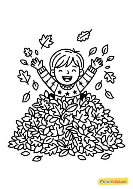 Dibujo para colorear para imprimir: niño jugando en un enorme montón de hojas