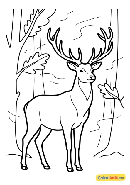 Ausmalbild zum Ausdrucken: eleganter Hirsch im nebligen Wald