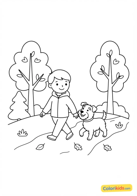 Ausmalbild zum Ausdrucken: waldspaziergang mit einem Hund