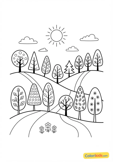 Desenho para colorir para imprimir: paisasgem de colinas com árvores multicolores