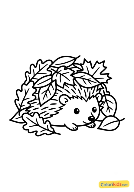 Desenho para colorir para imprimir: pequeno ouriço escondido sob folhas mortas