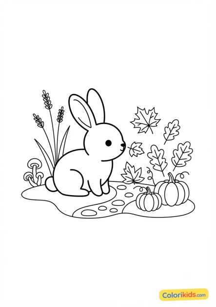 Ausmalbild zum Ausdrucken: kleines Kaninchen erkundet einen Herbstgarten