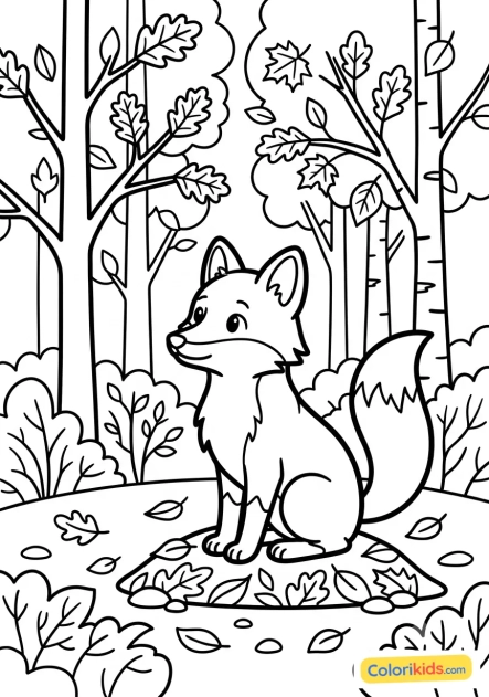 Desenho para colorir para imprimir: raposa vermelha observando a floresta outonal