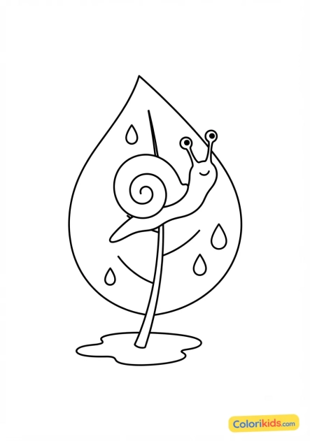 Dibujo para colorear para imprimir: caracol arrastrándose sobre una hoja húmeda