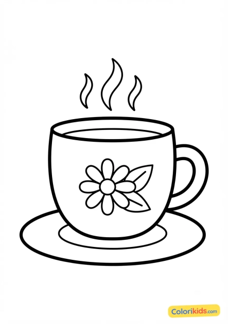 Ausmalbild zum Ausdrucken: dampfende Tasse Tee oder Kräutertee
