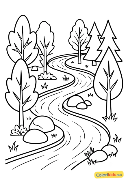 Ausmalbild zum Ausdrucken: bach schlängelt sich durch einen bunten Wald