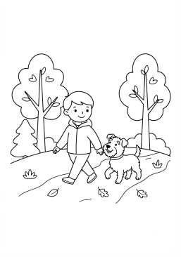 Malvorlage Waldspaziergang mit einem Hund