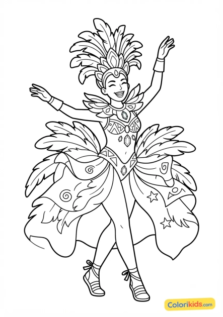 Coloriage à imprimer : danseuse brésilienne en costume de plumes étincelant