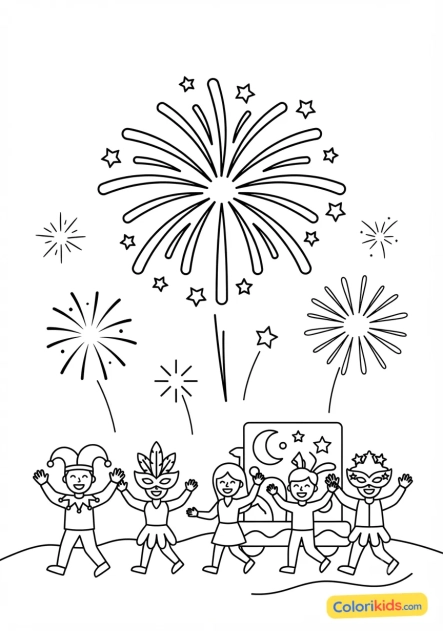 Coloriage à imprimer : feu d'artifice éclatant lors du défilé nocturne