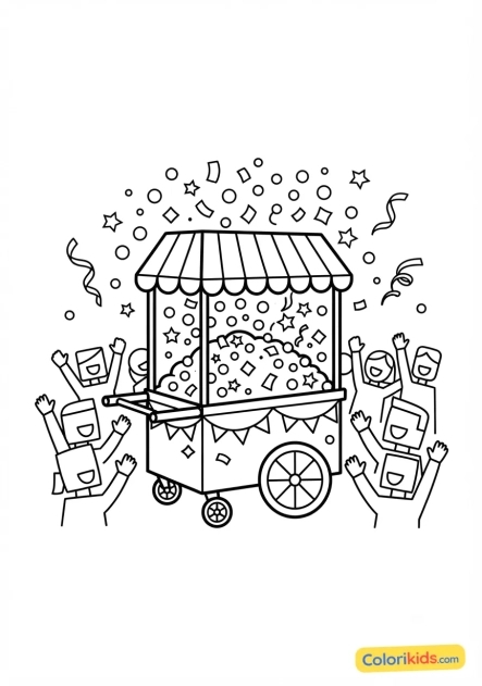 Coloriage à imprimer : chariot de confettis roulant dans la foule