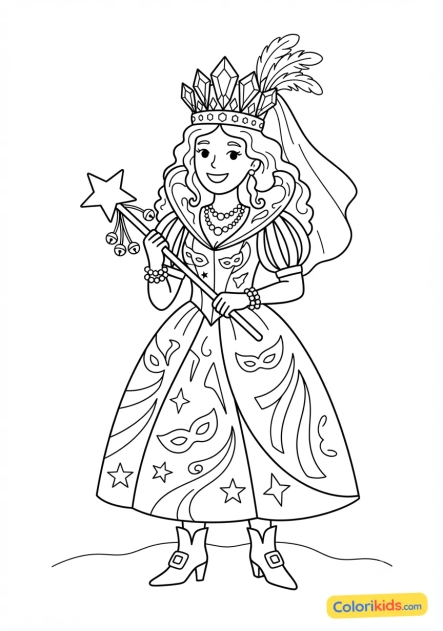 Coloriage à imprimer : reine de carnaval couronnée de strass