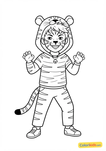 Coloriage à imprimer : enfant maquillé en tigre féroce pour le carnaval