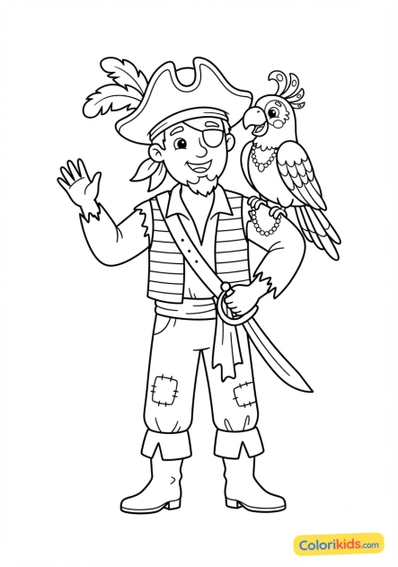 Coloriage à imprimer : perroquet coloré sur l'épaule d'un pirate costumé