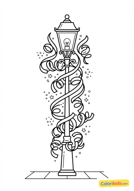 Coloriage à imprimer : serpentins colorés enroulés autour d'un lampadaire