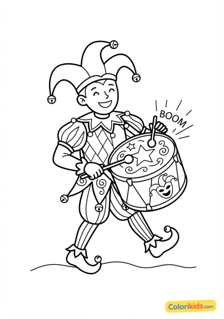 Coloriage à imprimer : tambourineur costumé en bouffon joyeux