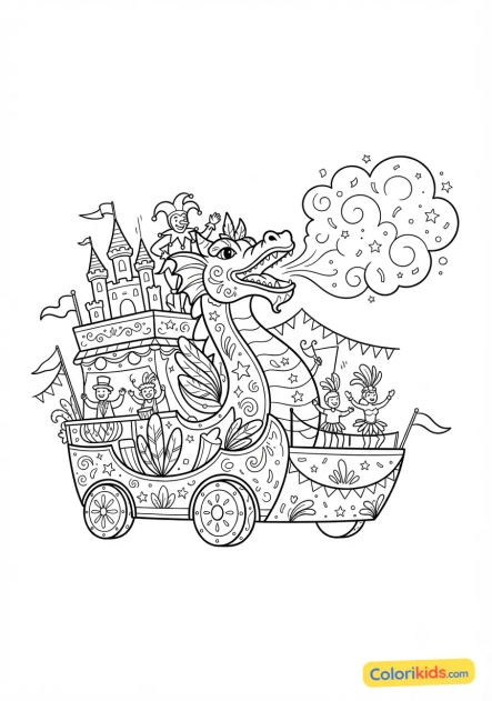 Coloriage à imprimer : char allégorique géant de carnaval crachant de la fumée