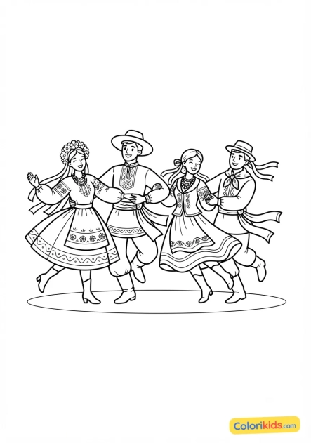Coloriage à imprimer : groupe de danseurs folkloriques en habits traditionnels
