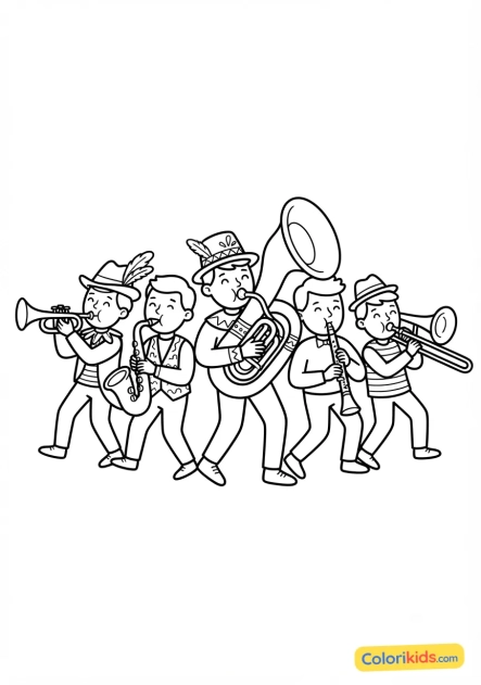 Coloriage à imprimer : fanfare animée jouant des cuivres joyeux