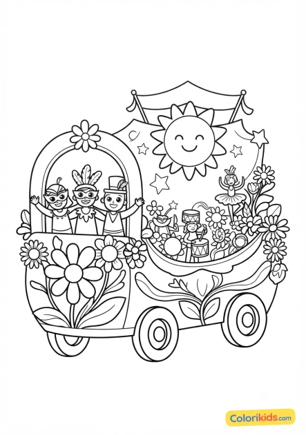 Coloriage à imprimer : magnifique char de carnaval fleuri et coloré
